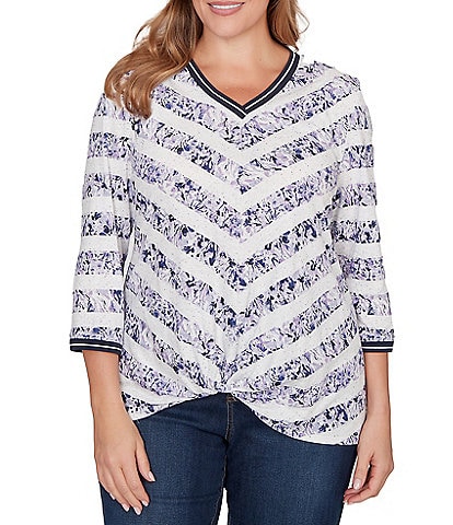 Ruby Rd. Plus Size Jersey Knit Floral Stripe Contrast Tipping Twist Front Hem Top