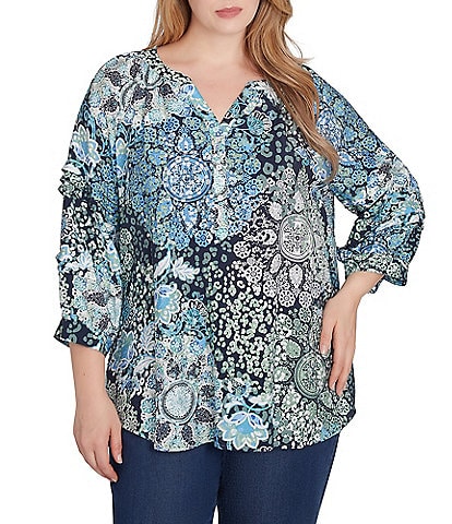 Ruby Rd. Plus Size Kaleidoscope Woven Y-Neck Bracelet Length Sleeve Top