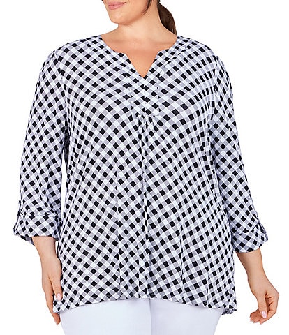 Ruby Rd. Plus Size Knit 3/4 Roll-Tab Sleeve Checked Print Pleat Split Round Neck Top