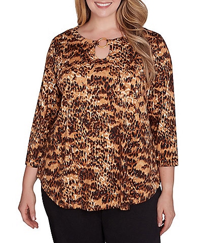 Ruby Rd. Plus Size Knit Animal Print Keyhole Ring Detail 3/4 Sleeve Dew Drop Accent Top