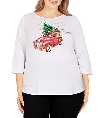 Ruby Rd. Plus Size Knit Boat Neck 3/4 Sleeve Embellished Holiday Season Truck Graphic Top