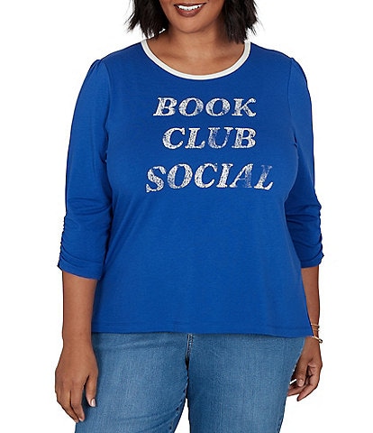 Ruby Rd. Plus Size Knit Book Club Scoop Neck 3/4 Ruched Sleeve Tee