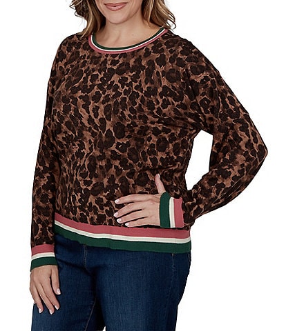 Ruby Rd. Plus Size Knit Contrast Trim Cheetah Print Boat Neck Long Sleeve Sweater