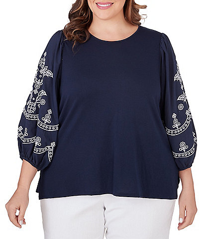 Ruby Rd. Plus Size Knit Crew Neck Embroidered 3/4 Balloon Sleeve Top