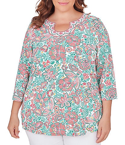 Ruby Rd. Plus Size Knit Embroidered Rainforest Parrot Floral Print Horseshoe Neck 3/4 Sleeve Top