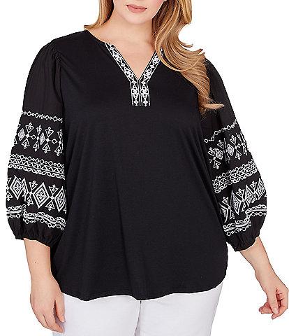 Ruby Rd. Plus Size Knit Embroidered Y-Neck 3/4 Balloon Sleeve Top