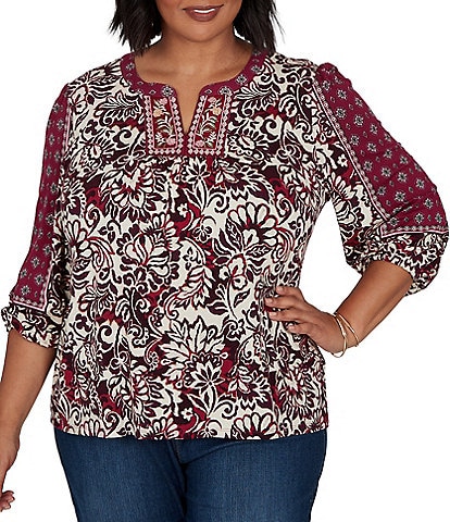 Ruby Rd. Plus Size Knit English Foliage V-Neck 3/4 Sleeve Top