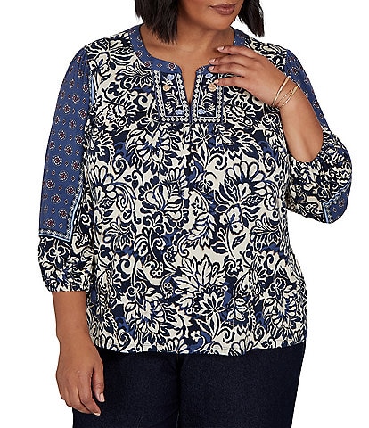 Ruby Rd. Plus Size Knit English Foliage V-Neck 3/4 Sleeve Top