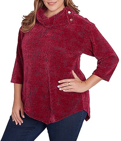 Ruby Rd. Plus Size Knit Faux Fois Bois Print Split Cowl Neck 3/4 Sleeve Asymmetric Hem Sweater