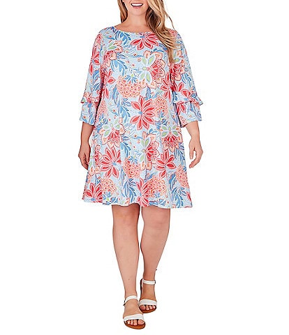 Ruby Rd. Plus Size Knit Filigree Floral Boat Neck 3/4 Flounce Sleeve A-Line Dress