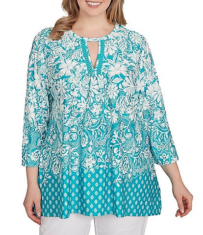 Ruby Rd. Plus Size Knit Floral Border Print Keyhole Neck 3/4 Sleeve Top