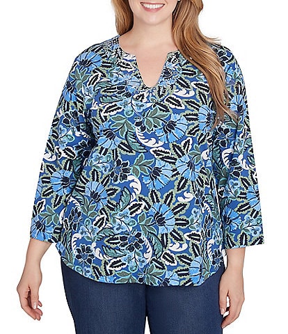 Ruby Rd. Plus Size Knit Floral Embellished Split Neck 3/4 Sleeve Top