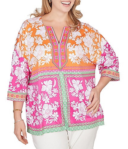 Ruby Rd. Plus Size Knit Floral Patchwork Print V-Neck 3/4 Sleeve Top