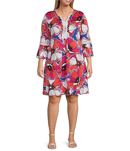 Ruby Rd. Plus Size Allover Floral Print Lace Trim Detail Detail Split Neck 3/4 Bell Sleeve Dress