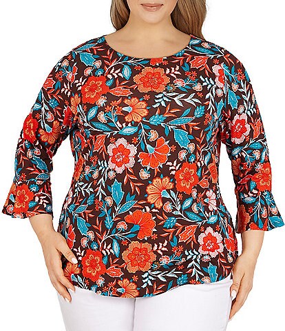 Ruby Rd. Plus Size Knit Floral Vine Print Boat Neck 3/4 Flounce Sleeve Top