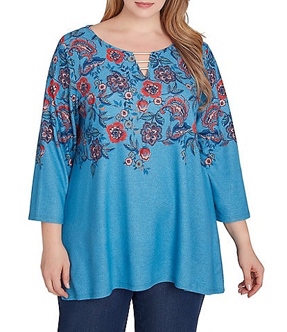 Ruby Rd. Plus Size Knit Floral Vine Split V-Neck 3/4 Sleeve Top