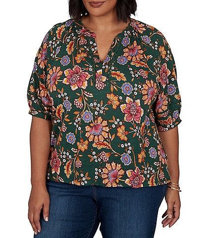 Ruby Rd. Plus Size Knit Floral Vine Split V-Neck Elbow Length Sleeve Rik-Rac Trim Top