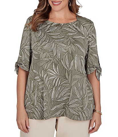 Ruby Rd. Plus Size Knit Fronds Puff Envelope Neckline Short Tie Sleeves Top