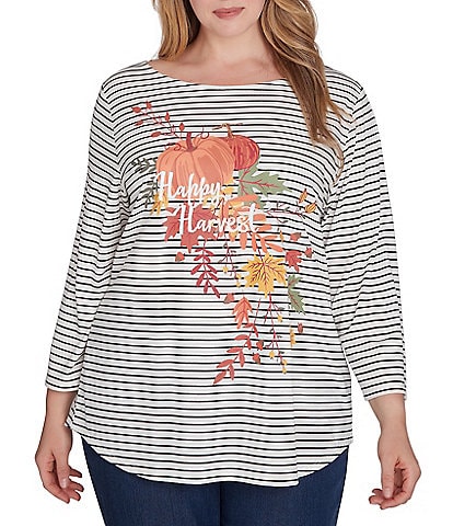 Ruby Rd. Plus Size Knit Happy Harvest Stripe Print Boat Neck 3/4 Sleeve Top