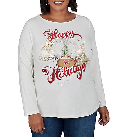 Ruby Rd. Plus Size Knit Happy Holiday Snow Globe Boat Neck Long Sleeve Top