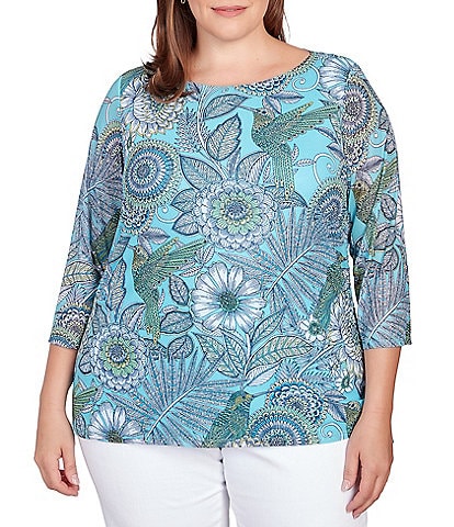 Ruby Rd. Plus Size Knit Humming Bird Floral Print Boat Neck 3/4 Sleeve Side Ruched Top
