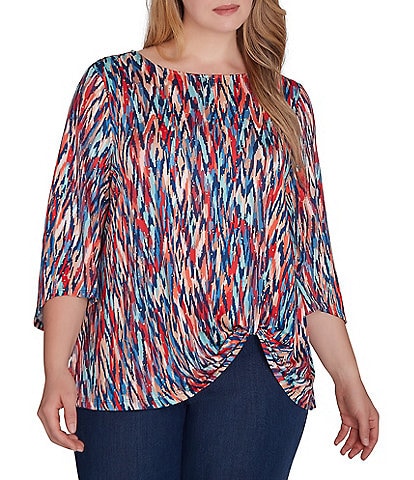 Ruby Rd. Plus Size Knit Ikat Print Crew Neck 3/4 Sleeve Twist Front Hem Dew Drop Accent Detail Top