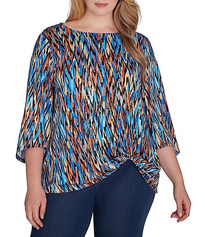 Ruby Rd. Plus Size Knit Ikat Print Crew Neck Gathered Front Hem 3/4 Sleeve Top