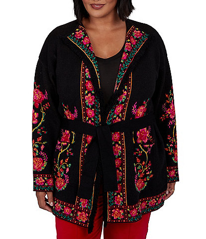 Ruby Rd. Plus Size Knit Jacquard Rose Shawl Collar Long Sleeve Fringe Hem Self Tie Cardigan