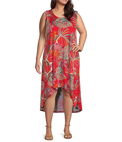 Ruby Rd. Plus Size Knit Jungle Print Scoop Neck Sleeveless Hi-Low Hem Shift Dress