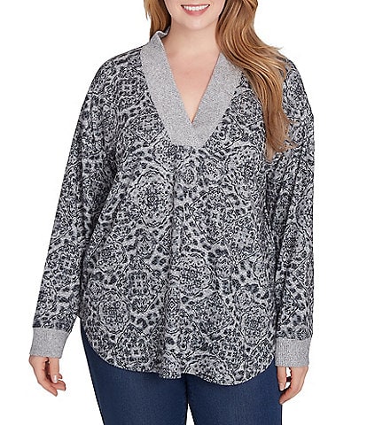 Ruby Rd. Plus Size Knit Leopard Contrast Trim V-Neck Long Sleeve Top