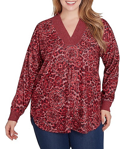 Ruby Rd. Plus Size Knit Leopard Contrast Trim V-Neck Long Sleeve Top