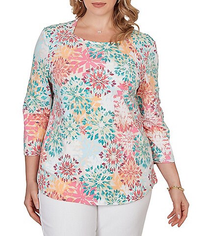 Ruby Rd. Plus Size Knit Medallion Floral Square Neck 3/4 Sleeve Top