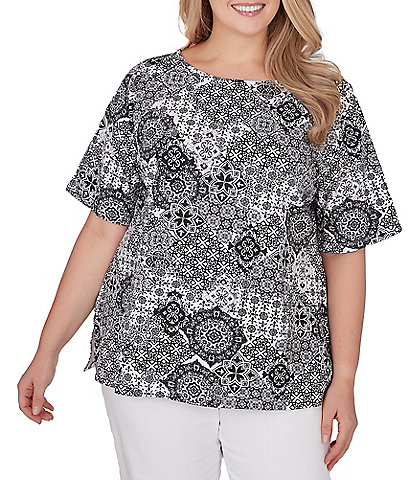 Ruby Rd. Plus Size Knit Medallion Patchwork Print Boat Neck Elbow Sleeve Side Slit Top