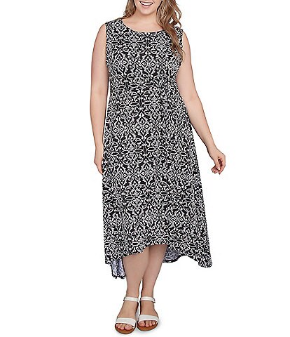 Ruby Rd. Plus Size Knit Medallion Scoop Neck Sleeveless Hi-Low Hem Shift Dress