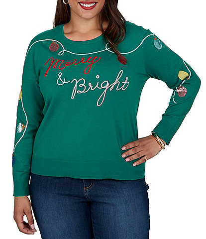 Ruby Rd. Plus Size Knit Merry & Bright Holiday Light Scoop Neck Long Sleeve Sweater
