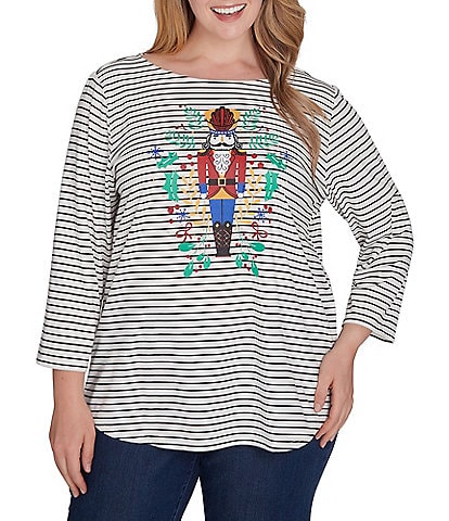 Ruby Rd. Plus Size Knit Nutcracker Stripe Boat Neck 3/4 Sleeve Top