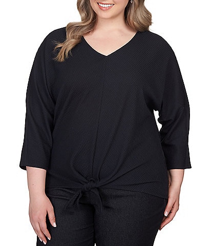 Ruby Rd. Plus Size V-Neck 3/4 Sleeve Tie Front Knit Ottoman Top