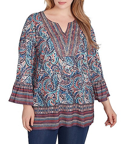 Ruby Rd. Plus Size Knit Paisley Border Print Embellished Split V-Neck 3/4 Sleeve Bib Top