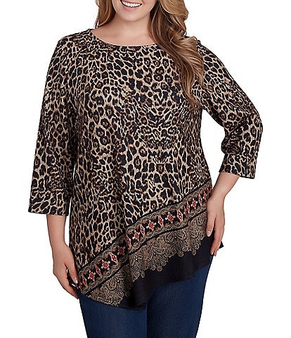 Ruby Rd. Plus Size Knit Leopard Paisley Border Print Ballet Neck 3/4 Sleeve Top