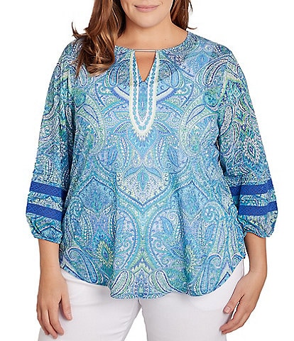 Ruby Rd. Plus Size Knit Paisley Keyhole Bar Detail 3/4 Sleeve Lace Inset Trim Top