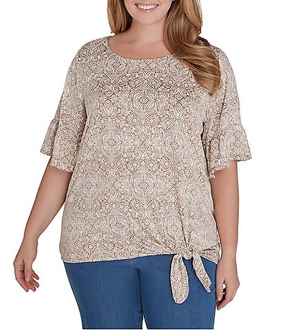 Ruby Rd. Plus Size Knit Paisley Print Crew Neck Short Sleeve Tie-Side Top