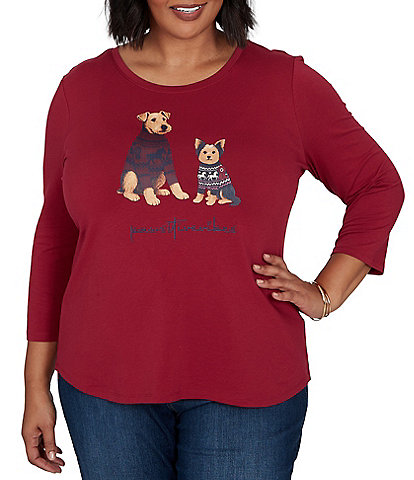 Ruby Rd. Plus Size Knit Pawsitive Charming Dogs Scoop Neck 3/4 Sleeve Top