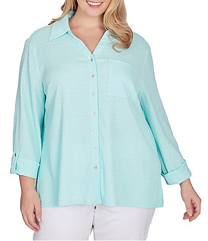 Ruby Rd. Plus Size Knit Pucker Point Collar Chest Pocket 3/4 Roll-Tab Sleeve Button-Front Shirt
