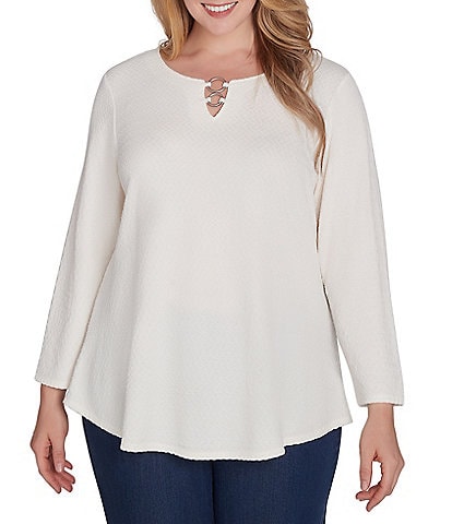 Ruby Rd. Plus Size Knit Ring Keyhole Neck 3/4 Sleeve Top