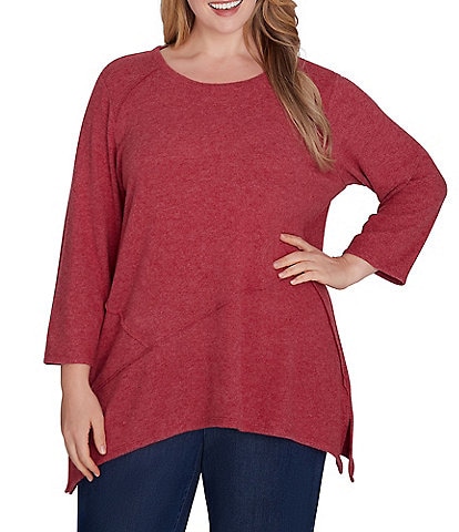 Ruby Rd. Plus Size Knit Scoop Neck 3/4 Sleeve Shark-Bite Hem Top