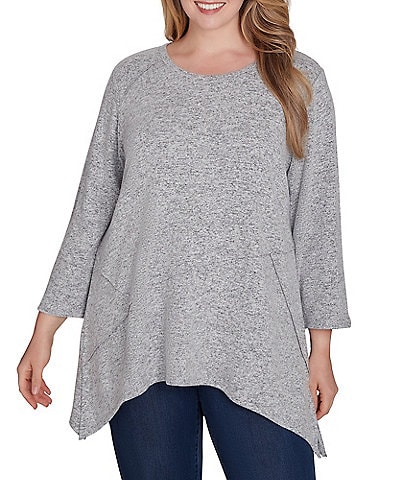 Ruby Rd. Plus Size Knit Scoop Neck 3/4 Sleeve Shark-Bite Hem Top