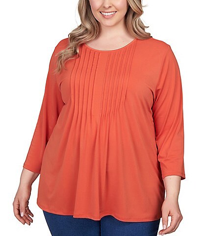 Ruby Rd. Plus Size Knit Scoop Neck Pleat Front Detail 3/4 Sleeve Top