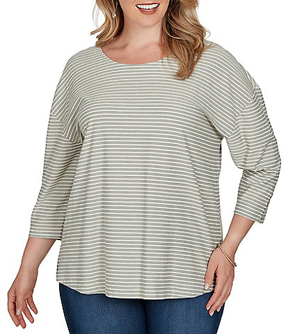 Ruby Rd. Plus Size Knit Stripe Boat Neck 3/4 Sleeve Top