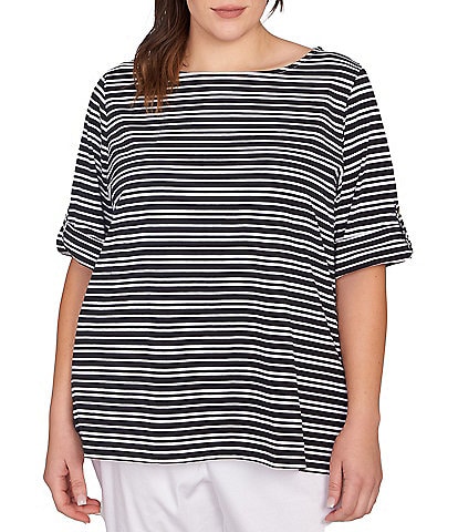 Ruby Rd. Plus Size Knit Stripe Boat Neck Short Roll-Tab Sleeve Top
