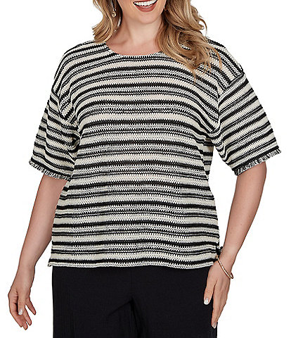 Ruby Rd. Plus Size Knit Stripe Scoop Neck Short Fringe Sleeve Tee